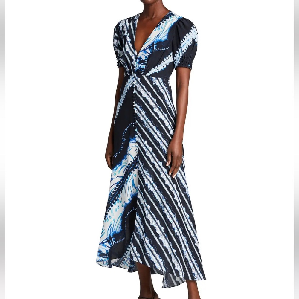SALONI Lea Silk Midi Dress Blue Shibori Size 2